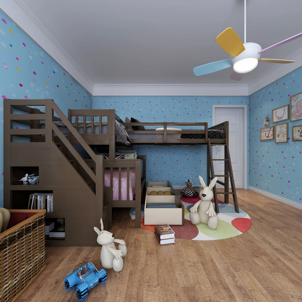 Twin Over Full L-Shaped Triple Bunk Bed with 3 Storage Drawers and Stairs I30393