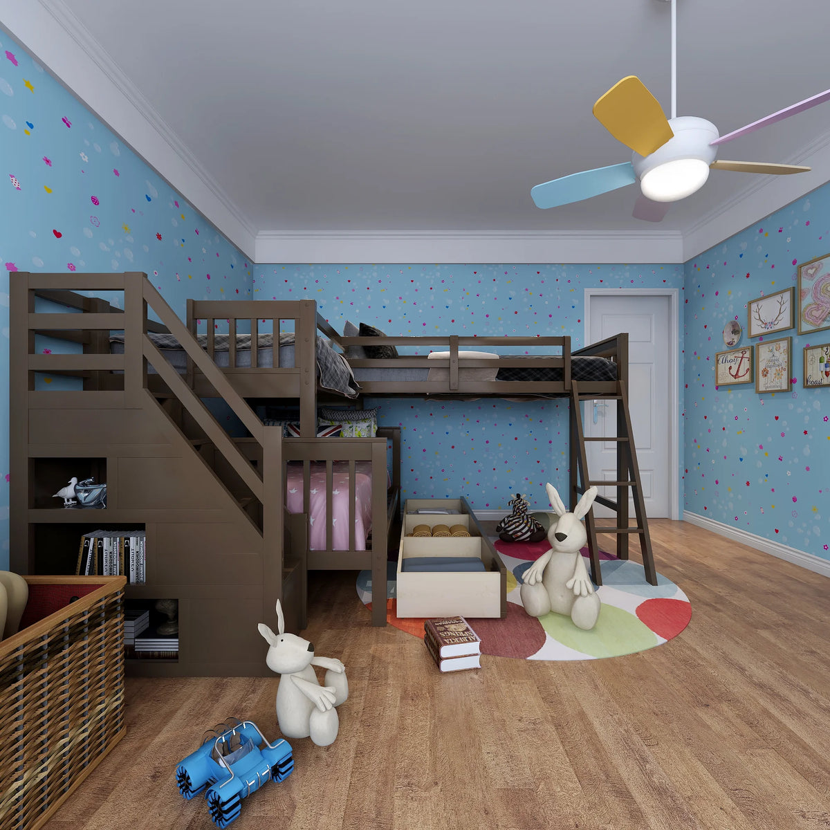 Twin Over Full L-Shaped Triple Bunk Bed with 3 Storage Drawers and Stairs I30393