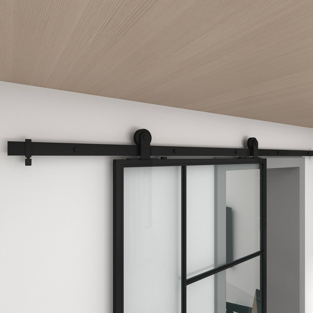 3/4 Lite Clear Glass Black Metal Finish Sliding Barn Door with Hardware Kit J2120