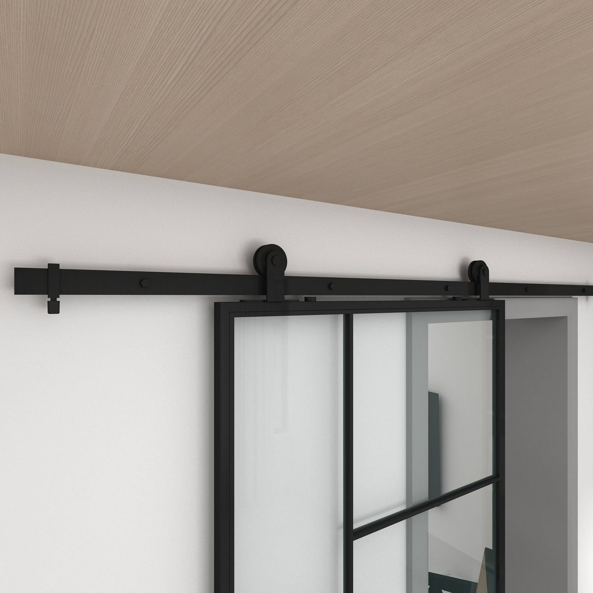 3/4 Lite Clear Glass Black Metal Finish Sliding Barn Door with Hardware Kit J2120