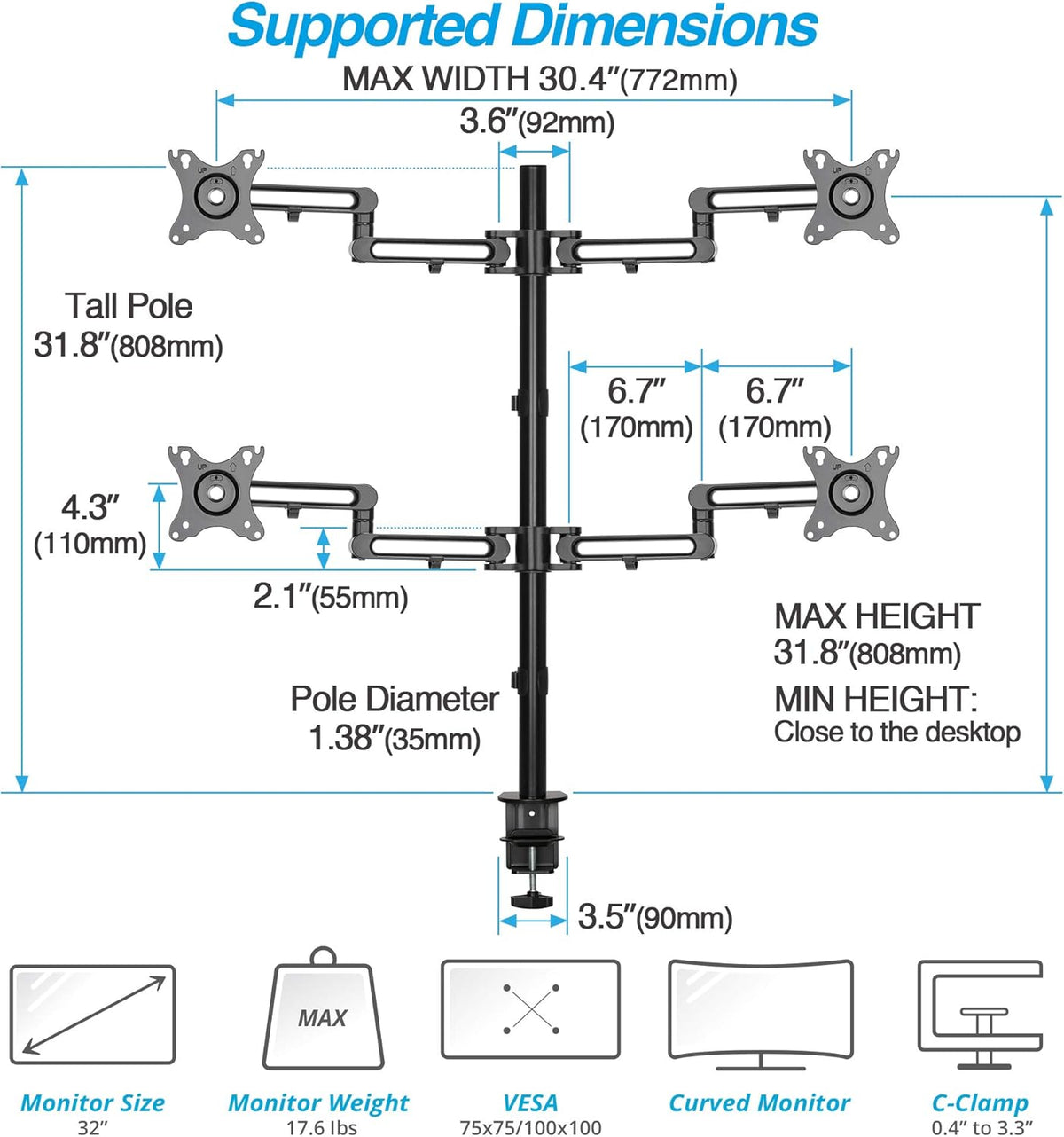 Quad Monitor Desk Stand with 4 Articulating Arms E8498