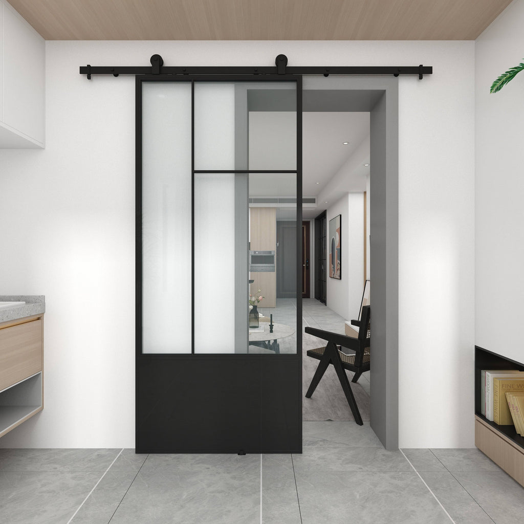 3/4 Lite Clear Glass Black Metal Finish Sliding Barn Door with Hardware Kit J2120