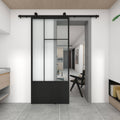 3/4 Lite Clear Glass Black Metal Finish Sliding Barn Door with Hardware Kit J2120