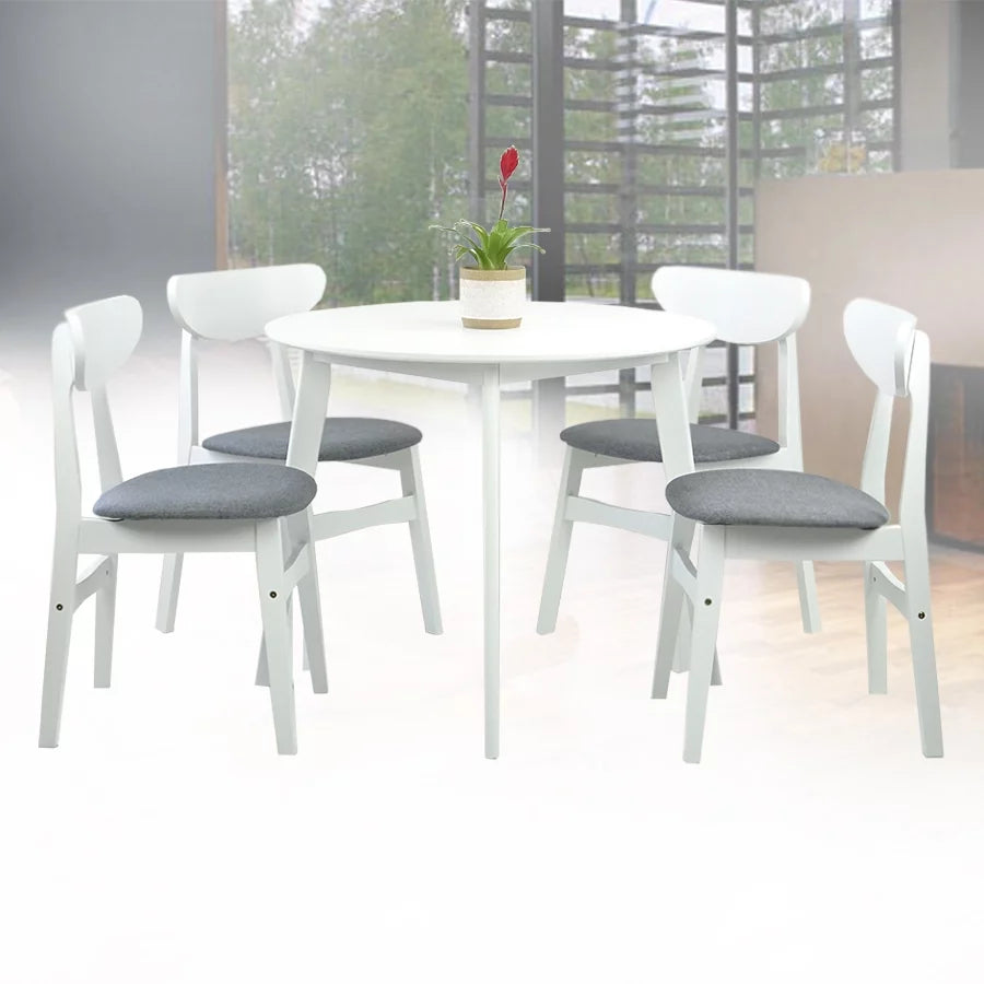 Set of 2 Chairs and Round Dining Table Solid Wood Padded Seat White L4921