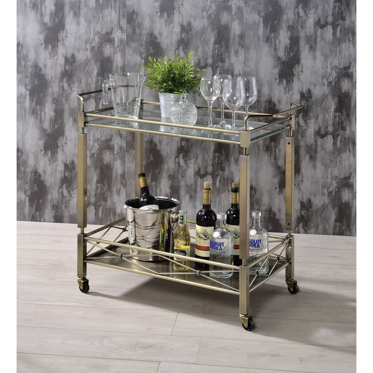 Antique Gold Two Tiered Metal Serving Cart with Glass Shelves U492553