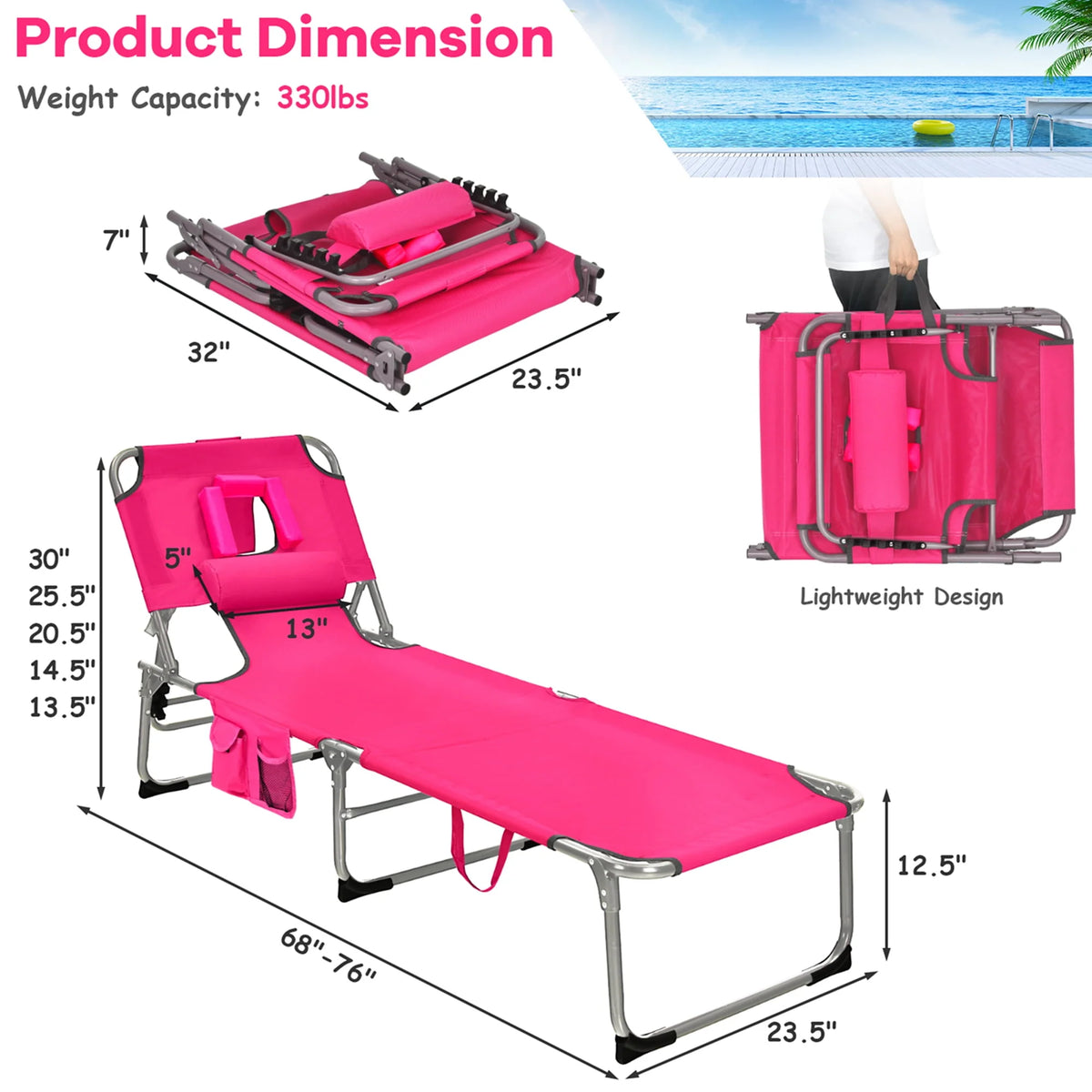 Pink Folding Chaise Lounge with Pillow F636