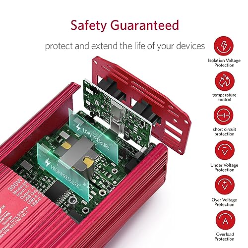 300W Power Inverter DC 12V to 110V AC Converter with USB-C Car Charger K6564