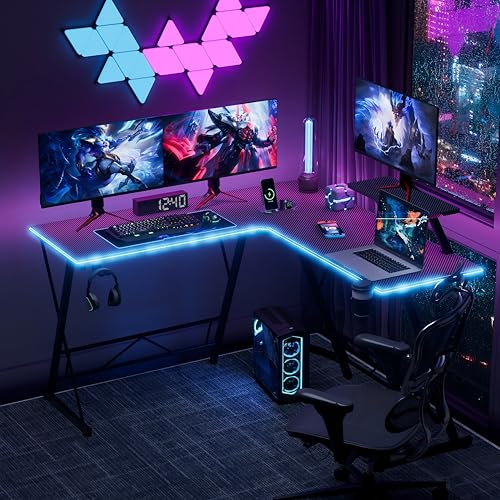 Black 51 Inch L Shaped Gaming Desk with LED Lights X926454