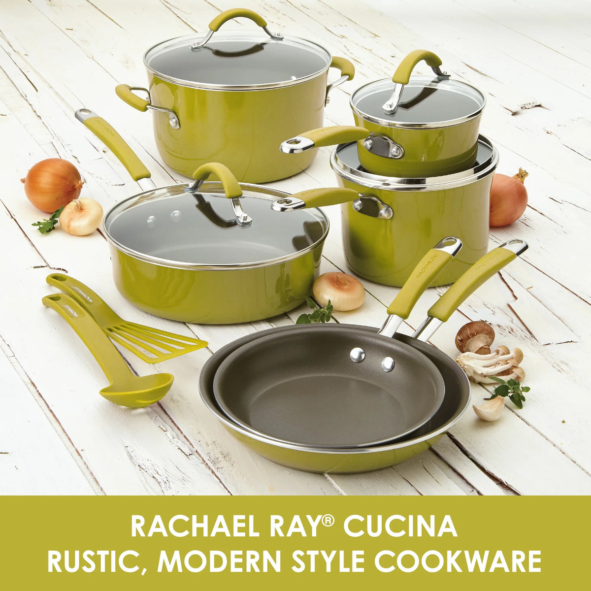 12 Piece Hard Porcelain Enamel Nonstick Pots and Pans, Lemongrass Green N397