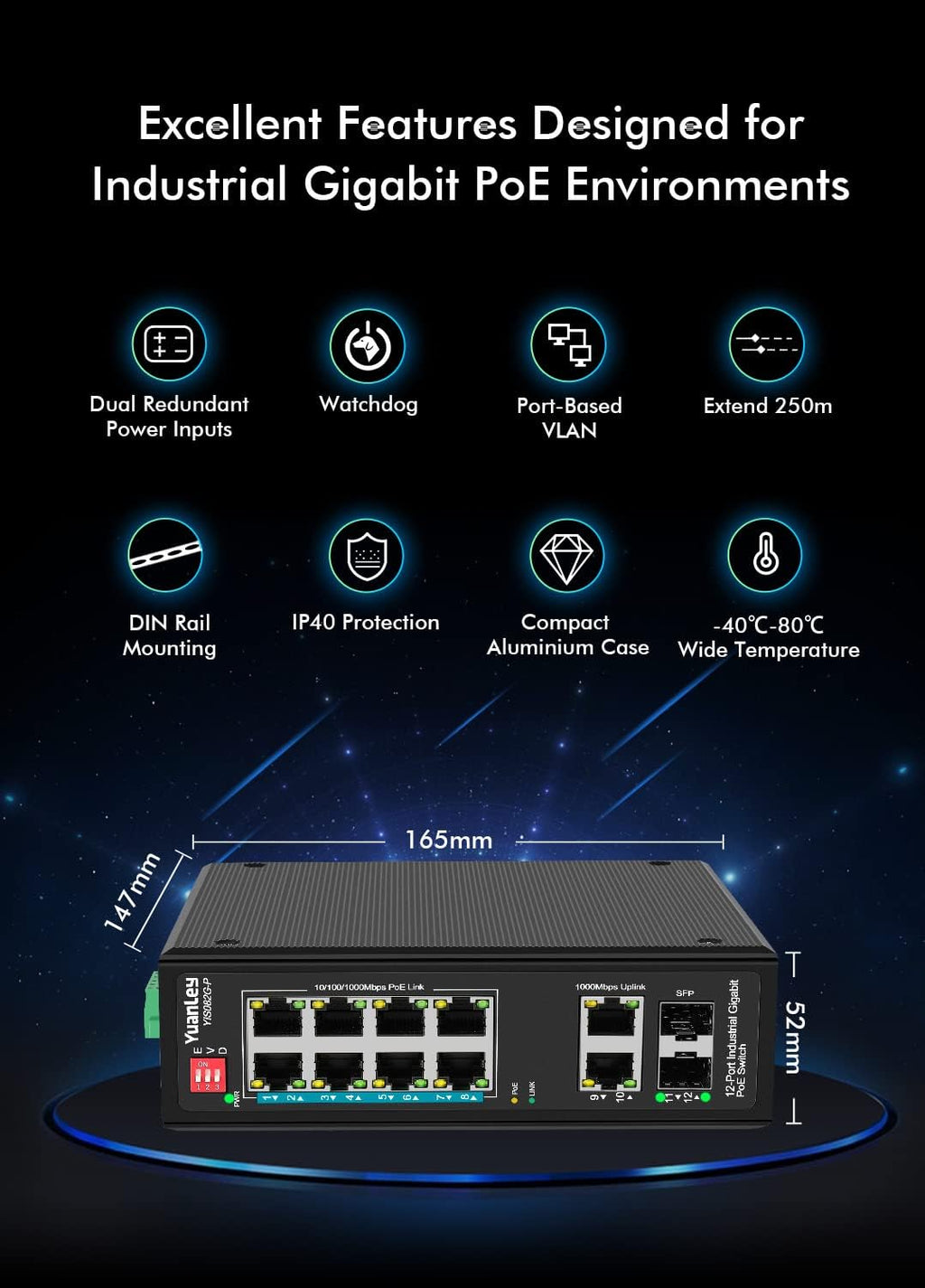 8-Port Industrial Gigabit PoE DIN-Rail Switch, 120W Unmanaged, Pack of 2 T49354