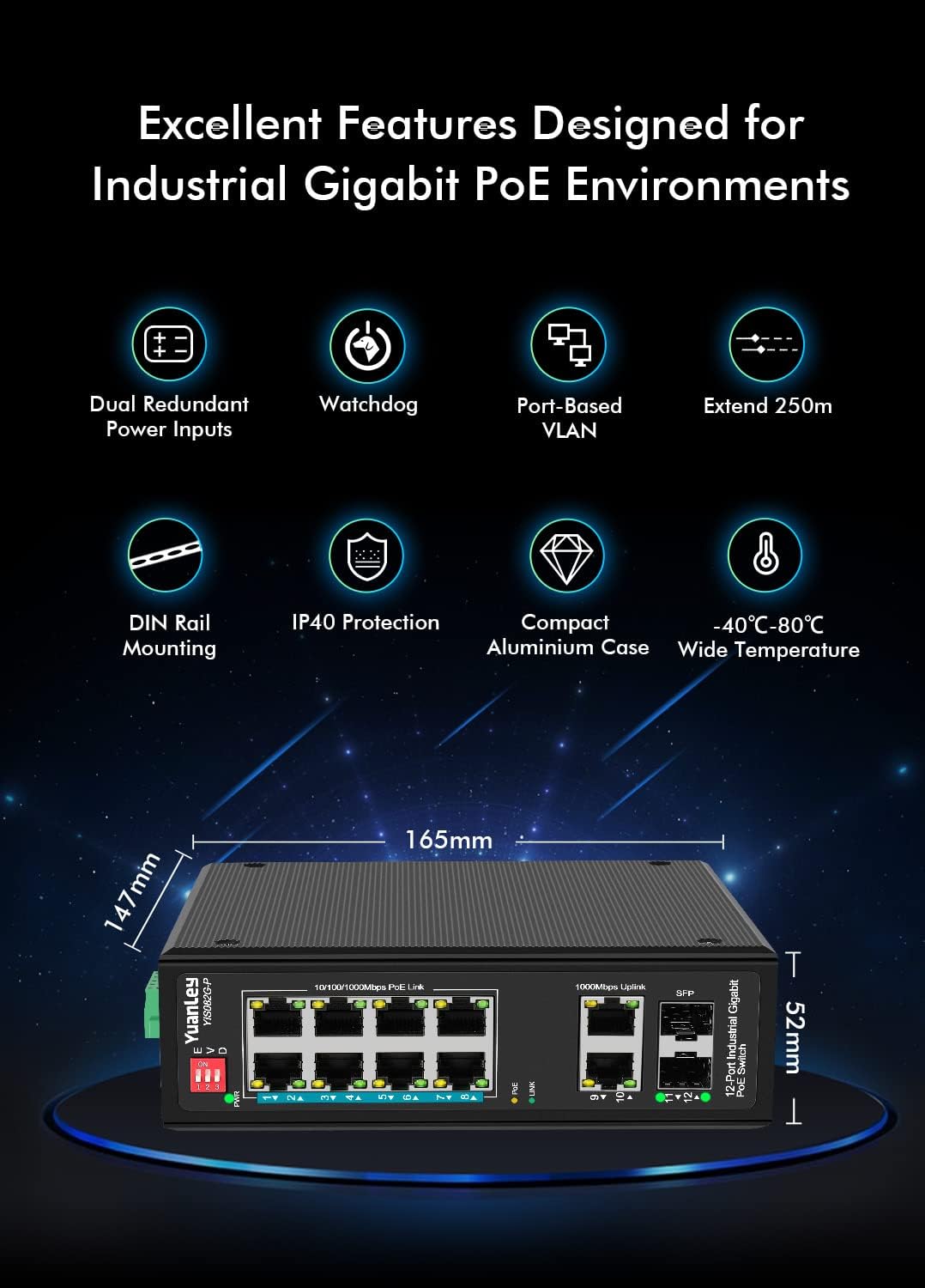 8-Port Industrial Gigabit PoE DIN-Rail Switch, 120W Unmanaged, Pack of 2 T49354