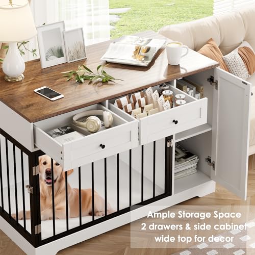 White Wooden Dog Crate with Double Doors and 2 Drawers V709