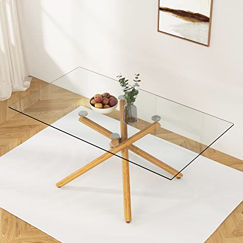 Rectangular Golden Chrome Metal Legs Tempered Glass Dining Table L34612