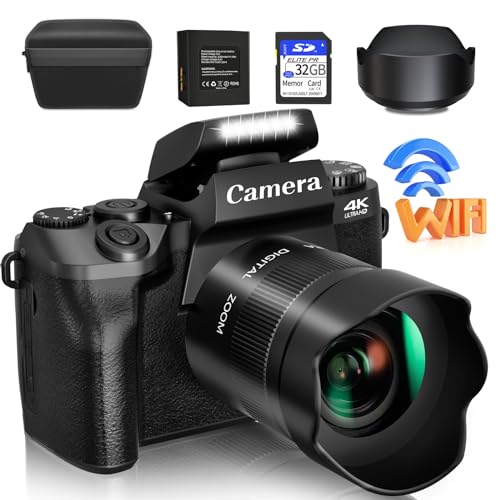 4K 64MP WiFi Touch Screen Digital Camera with Flash, 32GB SD Card, Lens Hood, 3000mAH Battery - Black S518