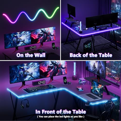 Black 51 Inch L Shaped Gaming Desk with LED Lights X926454
