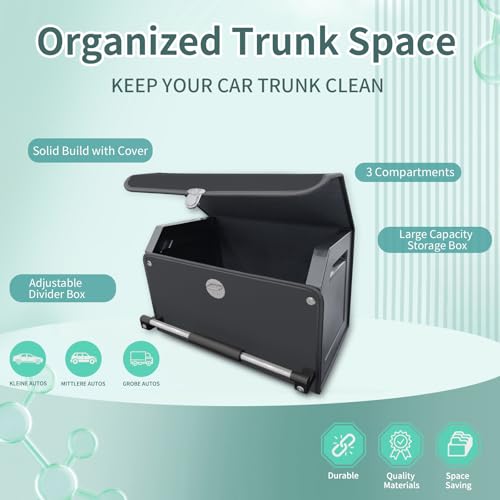 Car Organizer Trunk, Durable Collapsible Leather Trunk Organizer with Lid and Sturdy Handle, Auto Cargo Storage Compartments (11.4 x 27 x 12.2, Black) B958076