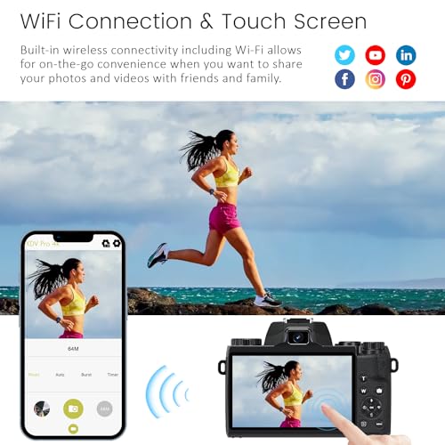 4K 64MP WiFi Touch Screen Digital Camera with Flash, 32GB SD Card, Lens Hood, 3000mAH Battery - Black S518