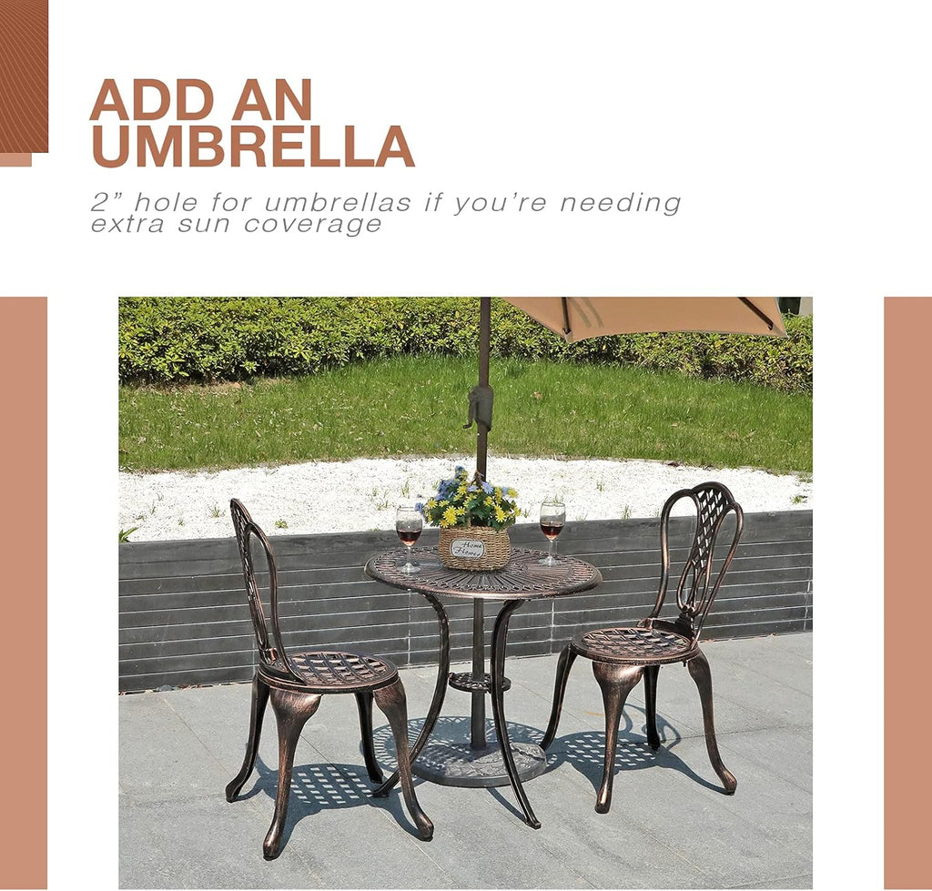 3 Piece Cast Aluminum Patio Bistro Set with Umbrella Hole V678