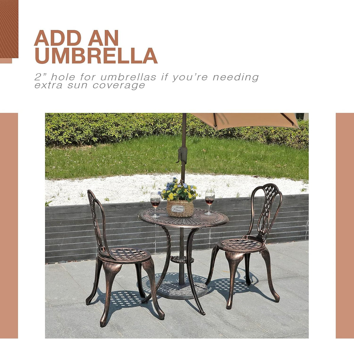 3 Piece Cast Aluminum Patio Bistro Set with Umbrella Hole V678
