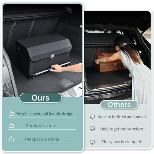Car Organizer Trunk, Durable Collapsible Leather Trunk Organizer with Lid and Sturdy Handle, Auto Cargo Storage Compartments (11.4 x 27 x 12.2, Black) B958076
