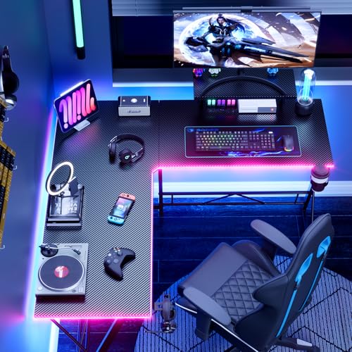 Black 51 Inch L Shaped Gaming Desk with LED Lights X926454