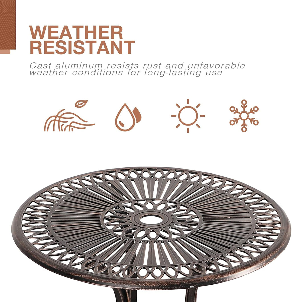 3 Piece Cast Aluminum Patio Bistro Set with Umbrella Hole V678