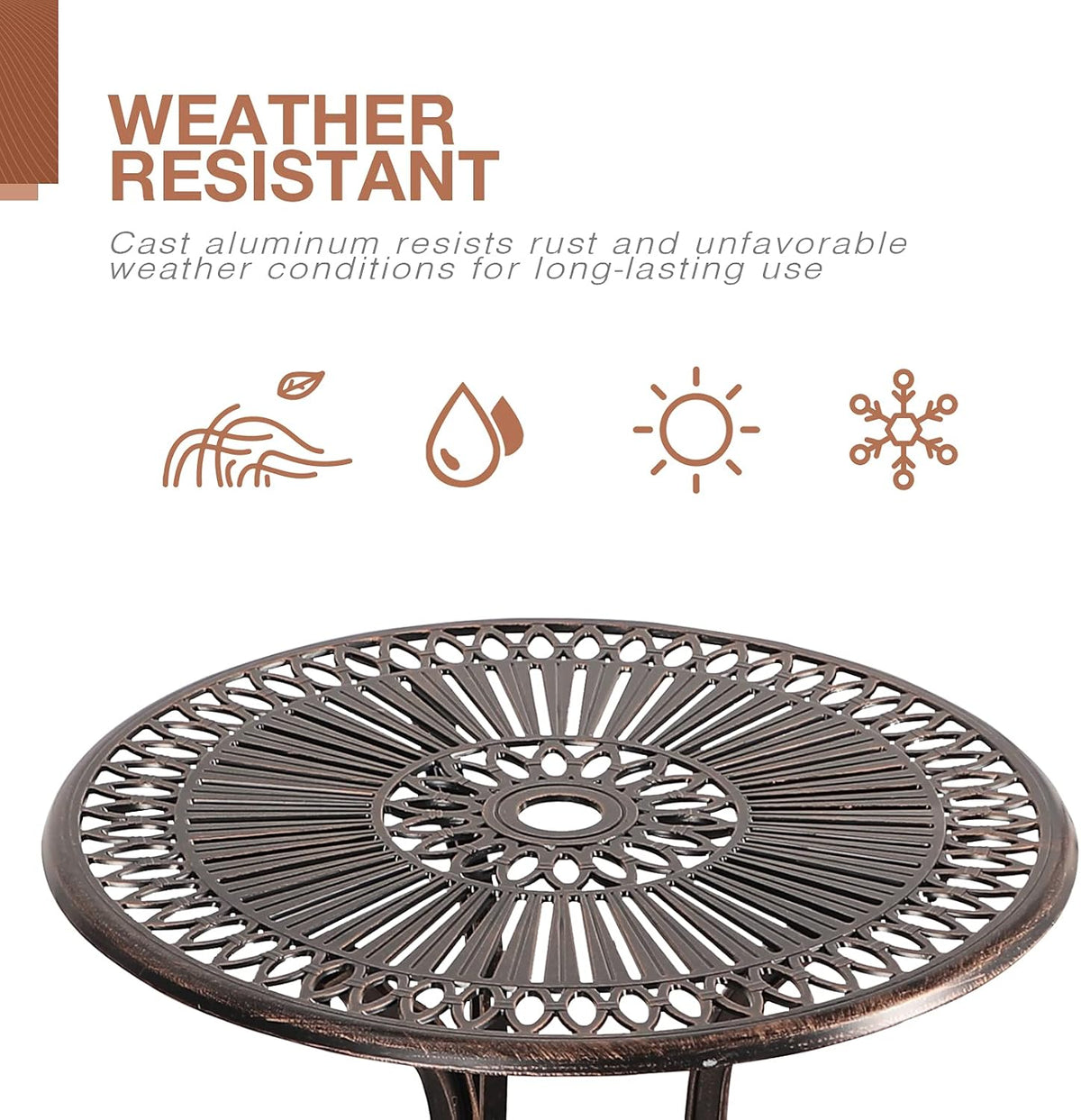3 Piece Cast Aluminum Patio Bistro Set with Umbrella Hole V678