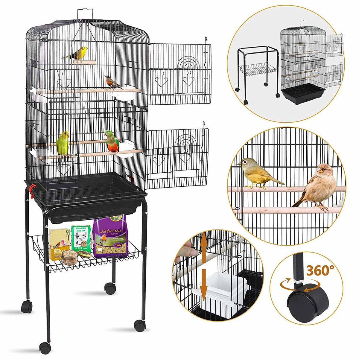 Black Wrought Iron Bird Cage with Rolling Stand Y550408