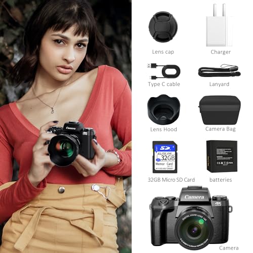 4K 64MP WiFi Touch Screen Digital Camera with Flash, 32GB SD Card, Lens Hood, 3000mAH Battery - Black S518