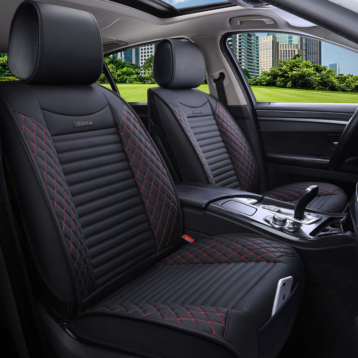 5 Car Seat Covers Full Set Waterproof Leather Universal Fit Black-Red U84129