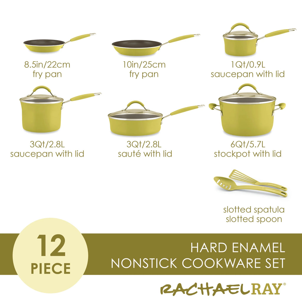 12 Piece Hard Porcelain Enamel Nonstick Pots and Pans, Lemongrass Green N397
