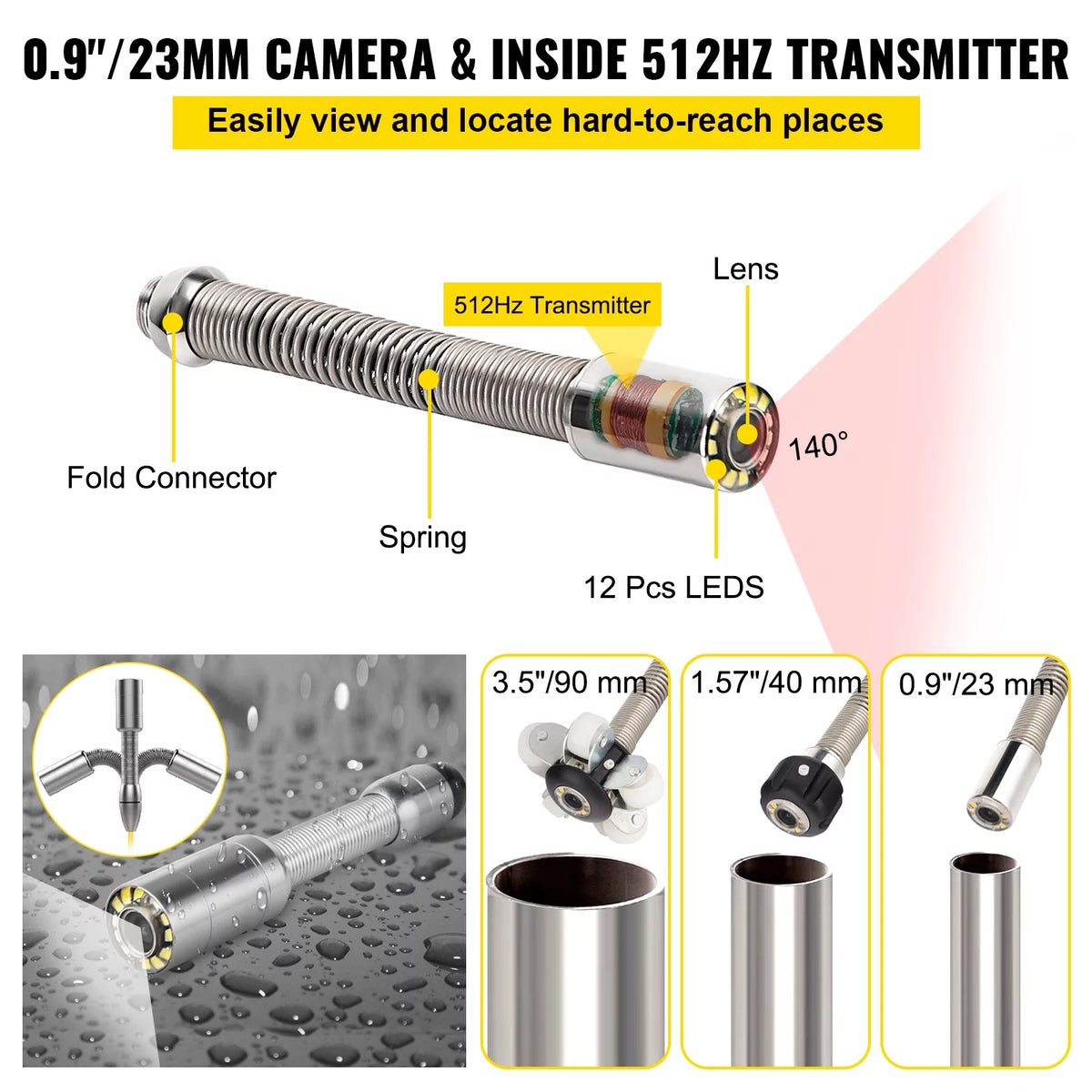 165' Cable Waterproof IP68 Sewer Camera with 512Hz Sonde Transmitter & Receiver H560447