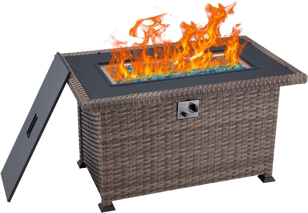 Propane Fire Pit Table 44in 50000BTU Auto-Ignition Smokeless with Cover and Blue Fire Glass Black D692576
