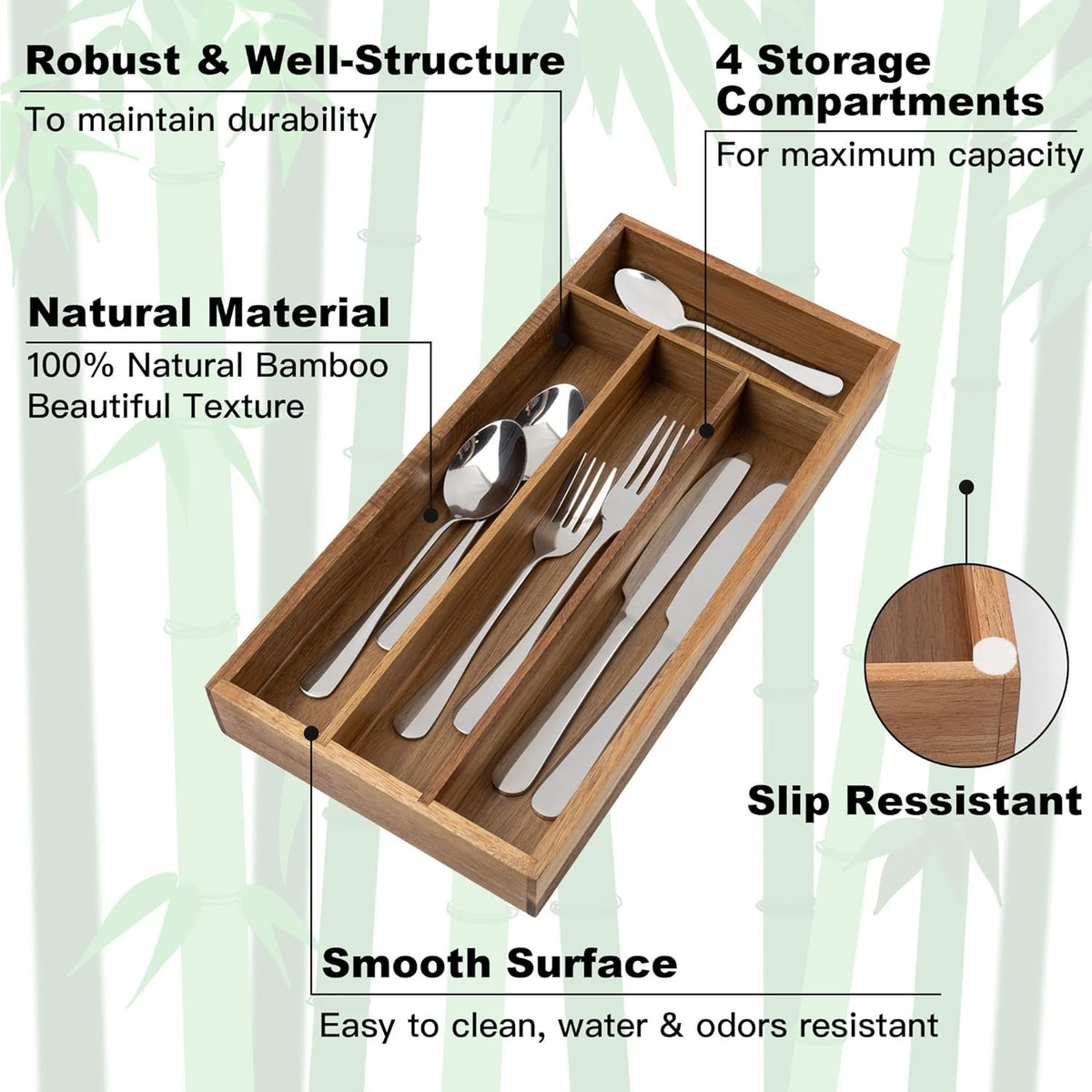 4 Slot Acacia Silverware Drawer Organizer Z89656
