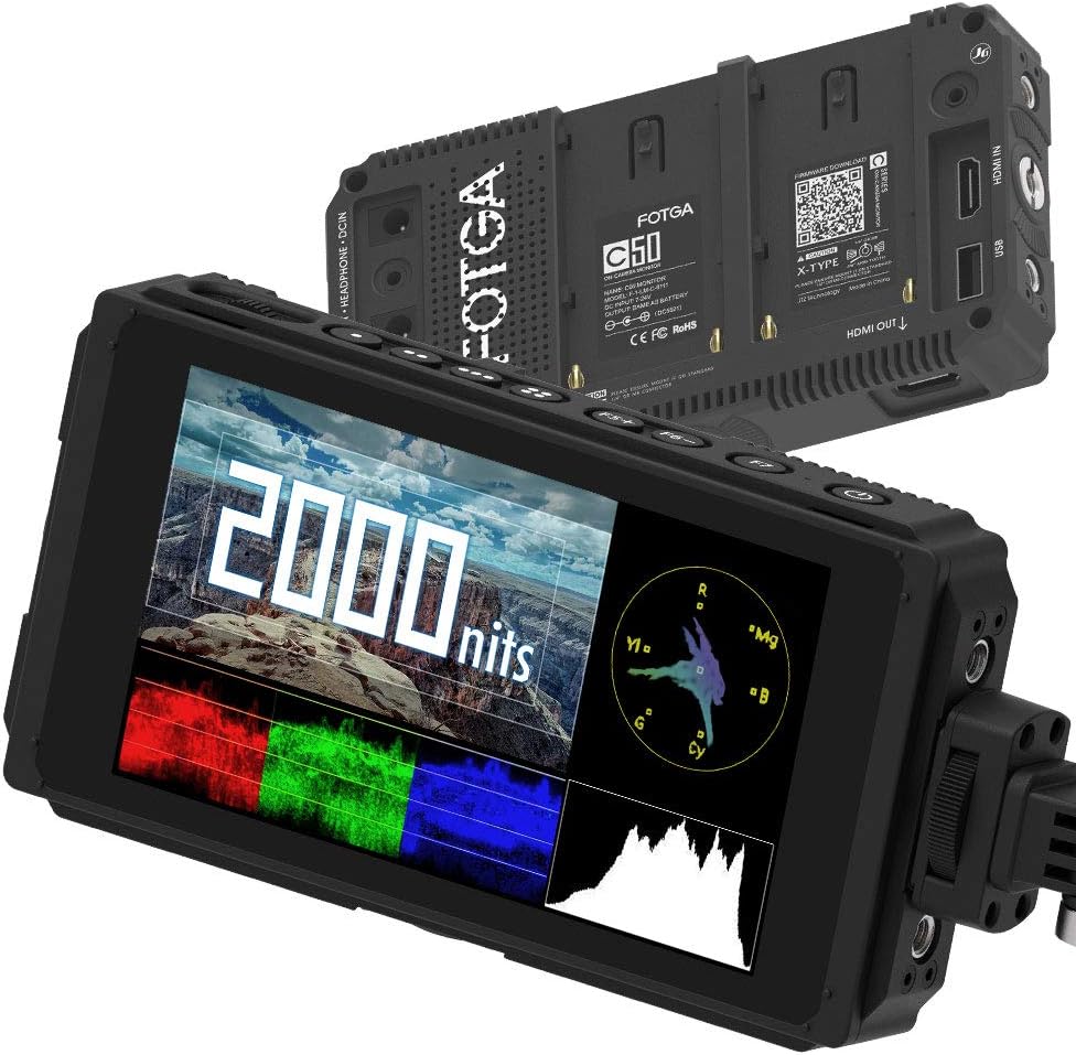 5 Inch 2000nit Touch Screen DSLR Camera Field Monitor with 3D LUT, 4K HDMI Input/Output, Dual NP-F Battery Mount O985920