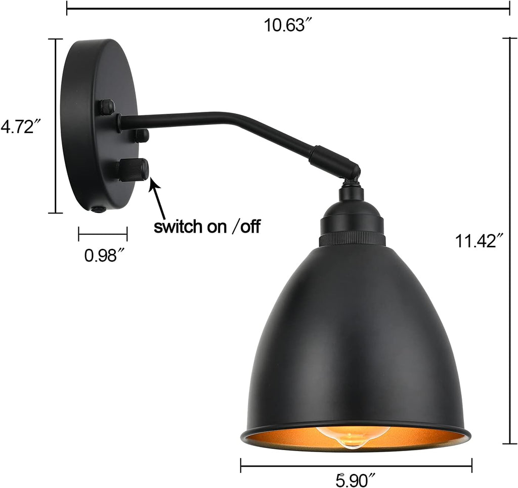 Industrial Farmhouse Metal Wall Sconce with on/Off Switch, Matt Black Funnel Shade S1451