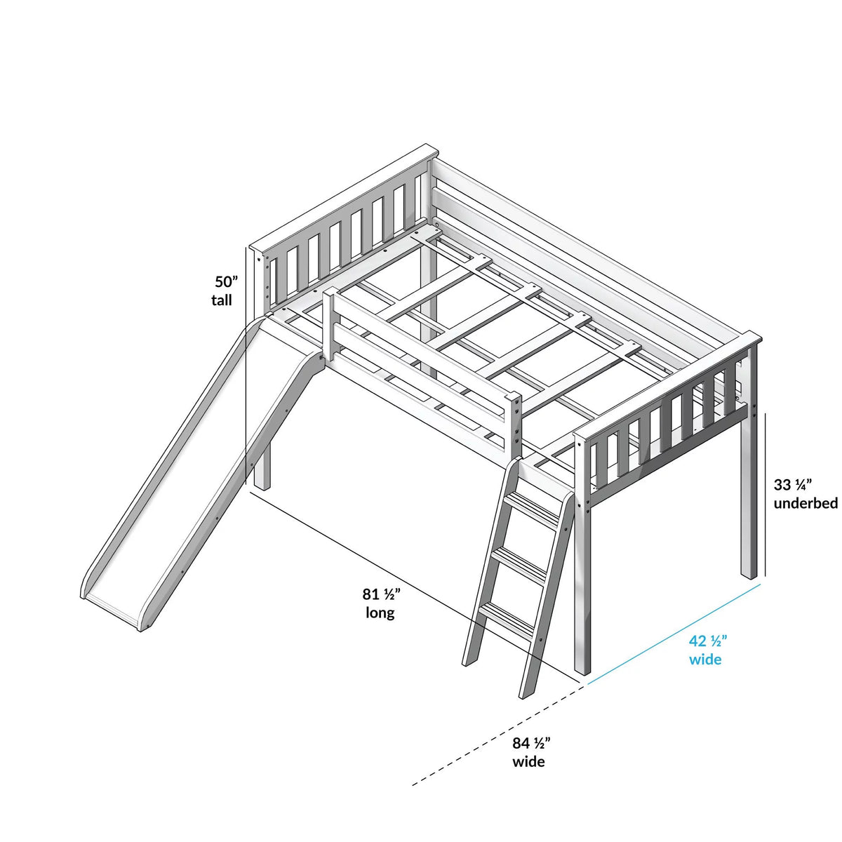 Twin Low Loft Wood Bunk Bed with Slide and Pink Curtain Q893