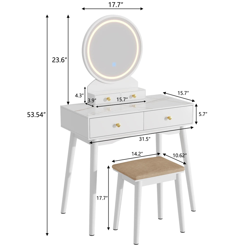 White Vanity Table with Lighted Mirror, Stool and 4 Drawers L69883
