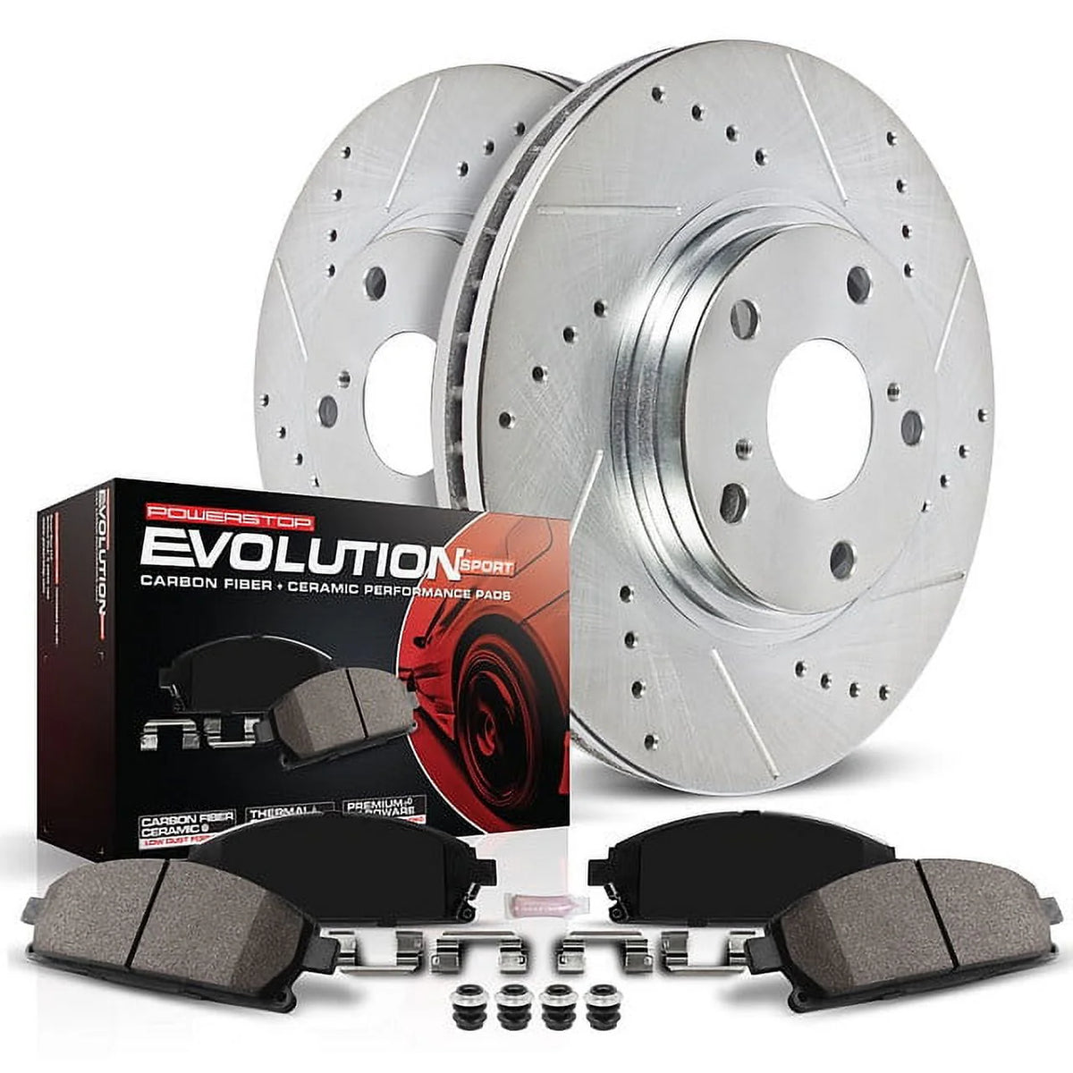 Front Brake Kit with Drilled Slotted Rotors and Ceramic Brake Pads Z192721