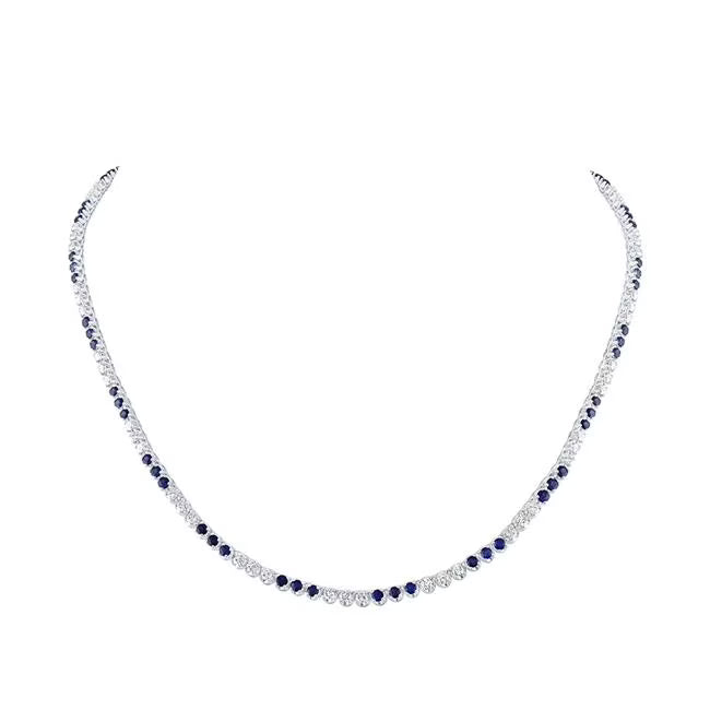14K White Gold Round Blue Sapphire Diamond Tennis Necklace Z31448