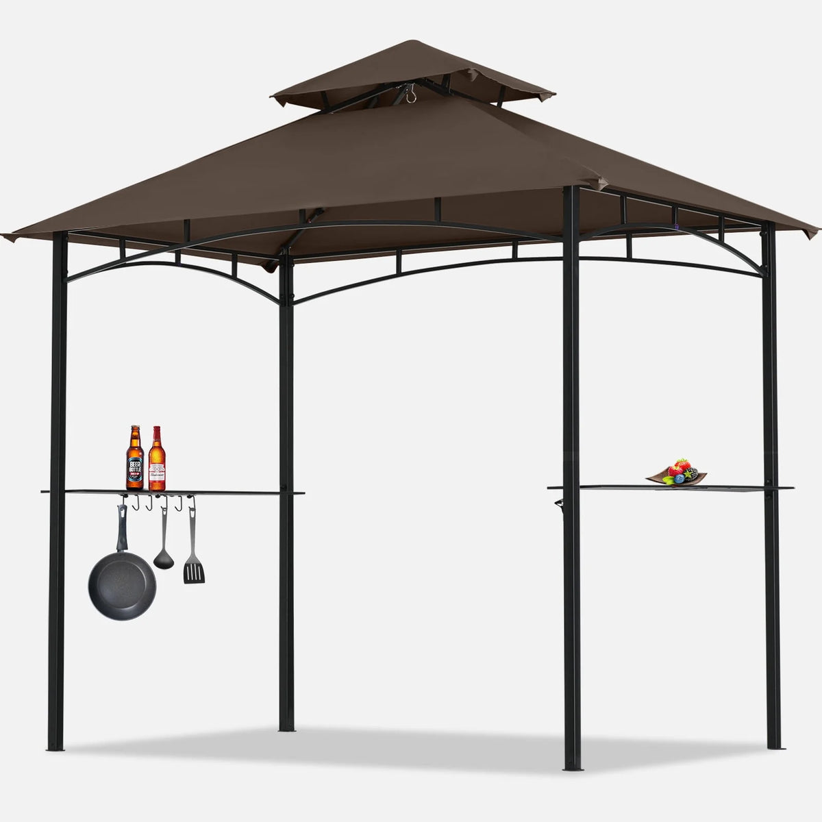 8' x 5' 2-Tiered Grill Gazebo Canopy with 2 LED Lights, Brown D837