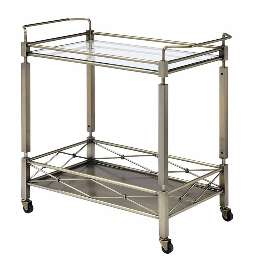 Antique Gold Two Tiered Metal Serving Cart with Glass Shelves U492553