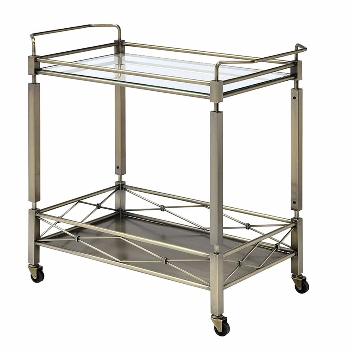 Antique Gold Two Tiered Metal Serving Cart with Glass Shelves U492553