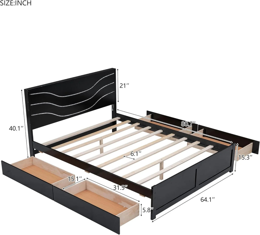 Queen Size Wood Platform Bed Frame with Headboard and 4 Storage Drawers S101