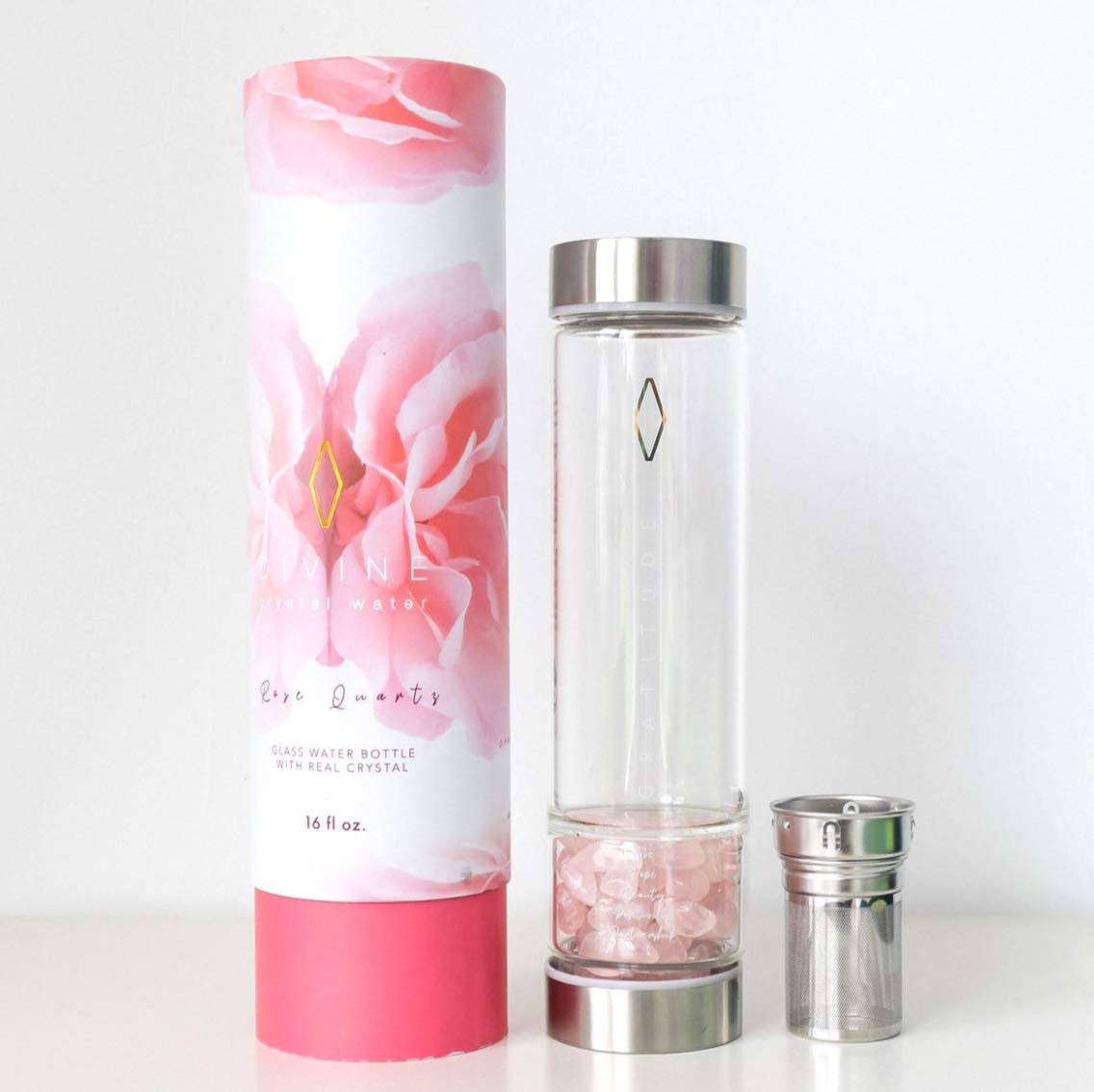 Crystal Tea Infuser Flask with Rose Quartz Crystals and Tea Strainer C8009