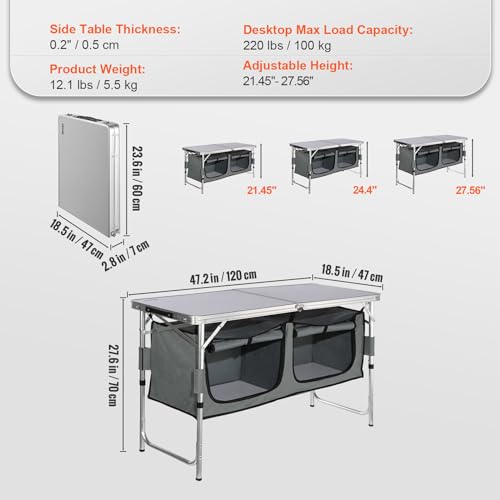 3 Adjustable Height Folding Camping Kitchen Table with Storage Organizer F247440