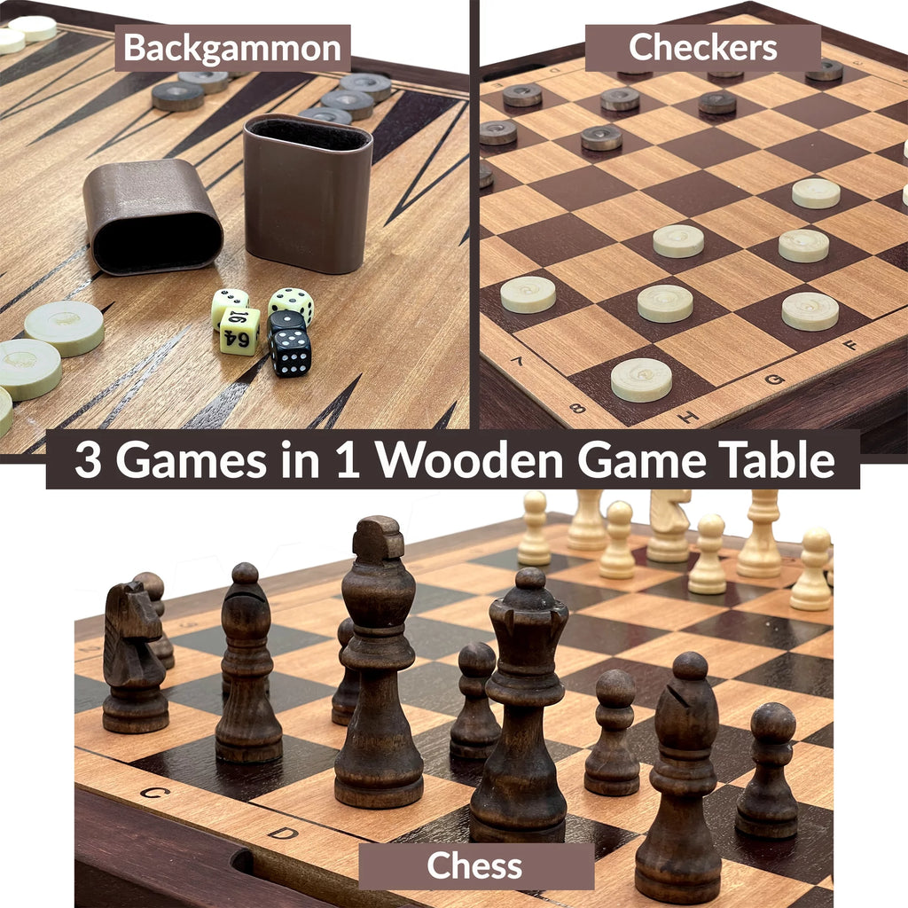 Wooden Chess Checkers and Backgammon 3 in 1 Combo Game Table Set C95224