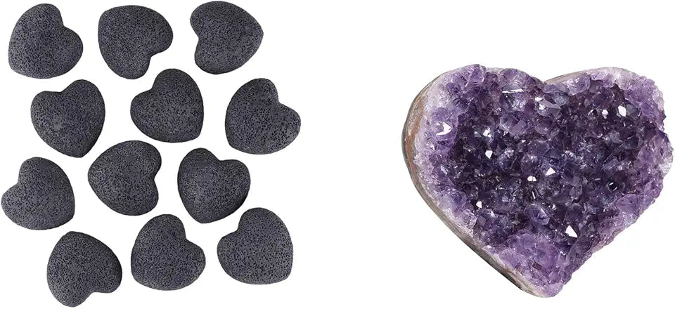 Black Lava Rock & Amethyst Crystal Heart Stone A4793
