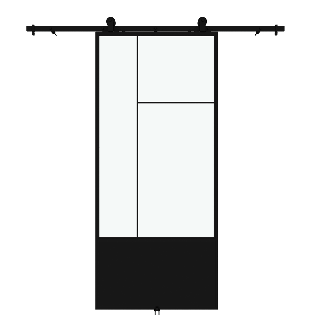 3/4 Lite Clear Glass Black Metal Finish Sliding Barn Door with Hardware Kit J2120