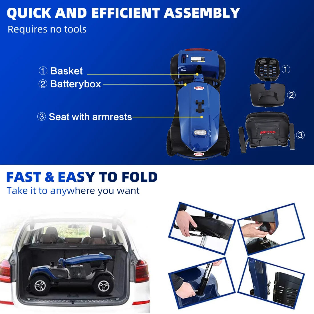 Blue 4 Wheels Folding Mobility Scooter with USB Charging Port B78334